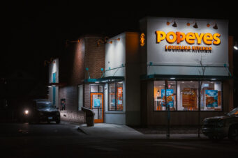 Popeyes Chicken drive thru on Chicago Avenue in South Minneapolis. The new building replaces the former that was burned during protests following the murder of George Floyd in May 2020.