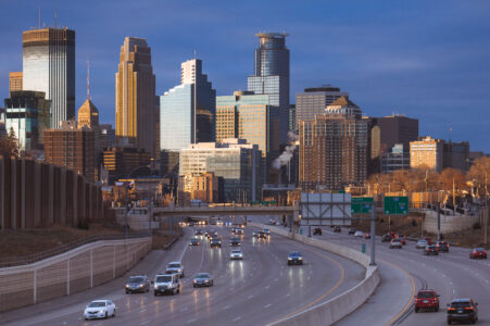 Downtown Minneapolis as seen from I-35W in South Minneapolis. March 2024.