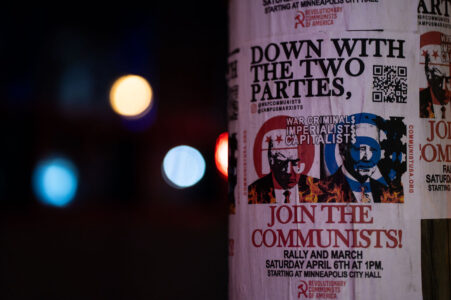 A flyer by "Revolutionary Communists of America" advertising a rally and march to take place Saturday April 6th, 2024 in downtown Minneapolis.