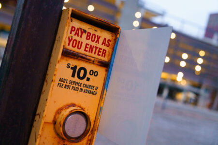 A box that reads "Pay box as you enter" "$10.00 Add'l service charge if fee not paid in advance"