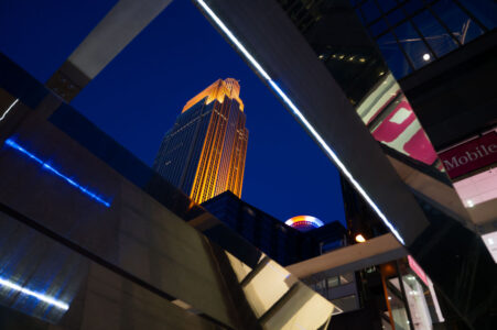 Wells Fargo Tower as seen through an art installation on Nicollet Mall in Downtown Minneapolis.