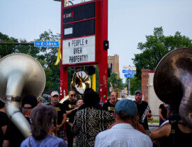 Brass Solidarity performing at a vigil for Ricky Cobb II at George Floyd Square. Cobb was killed by a Minnesota State Patrol trooper during a traffic stop on July 31, 2023.
