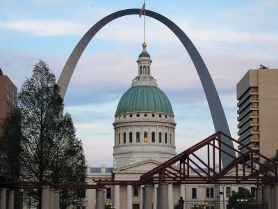 Gateway Arch Rises Above the Old Courthouse in St. Louis