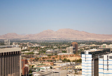 Ballys Hotel and mountains in Las Vegas.