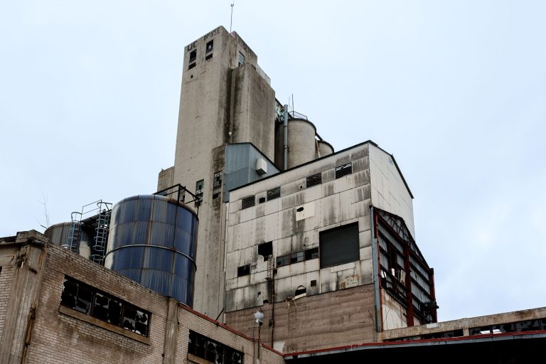 Grain Elevator Tower at Fruen Mill, Minneapolis 4 Fruen Mill, an abandoned grain processing facility in Minneapolis with deteriorating concrete silos and industrial structures.
