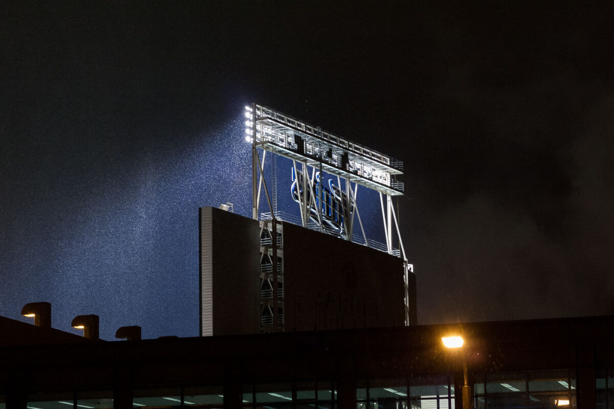 Target Field lights during a rainstorm in downtown Minneapolis in 2009.