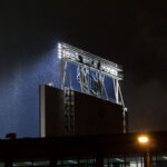 Target Field lights during a rainstorm in downtown Minneapolis in 2009.
