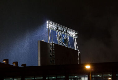 Target Field lights during a rainstorm in downtown Minneapolis in 2009.