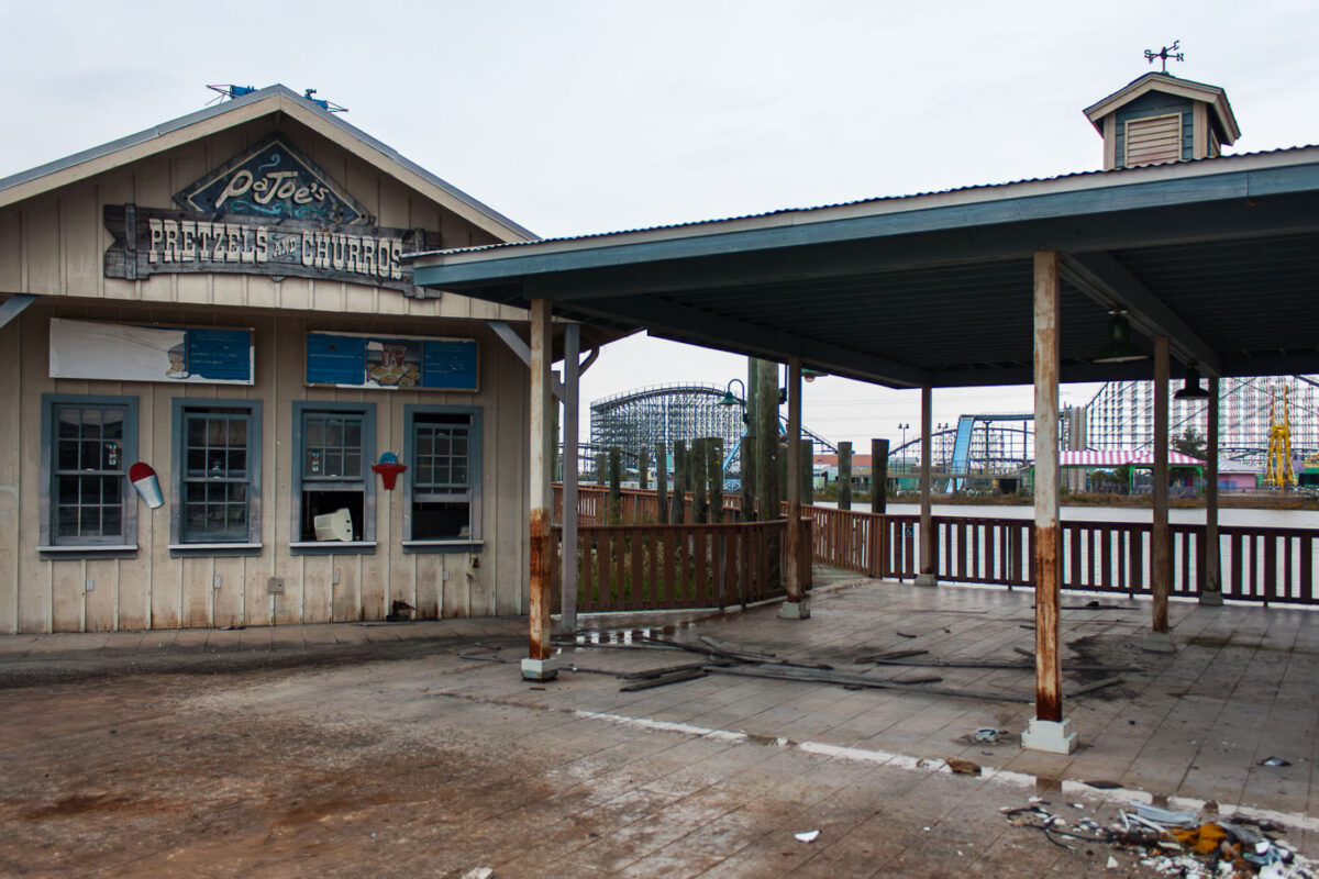 Abandoned P. Joe's food stand and roller coasters at Six Flags New Orleans amusement park after Hurricane Katrina.
