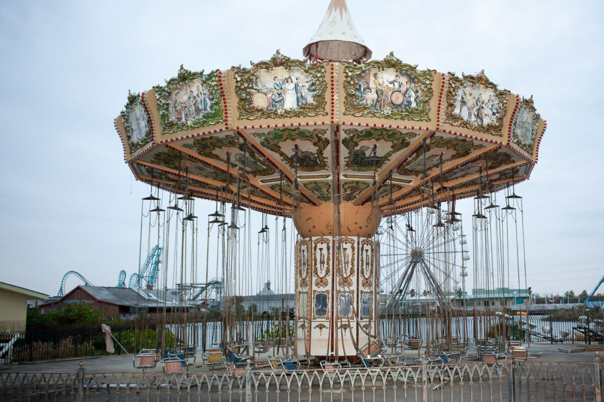 The abandoned carousel at Six Flags New Orleans amusement park, damaged by Hurricane Katrina in 2005. The park closed permanently after the storm.