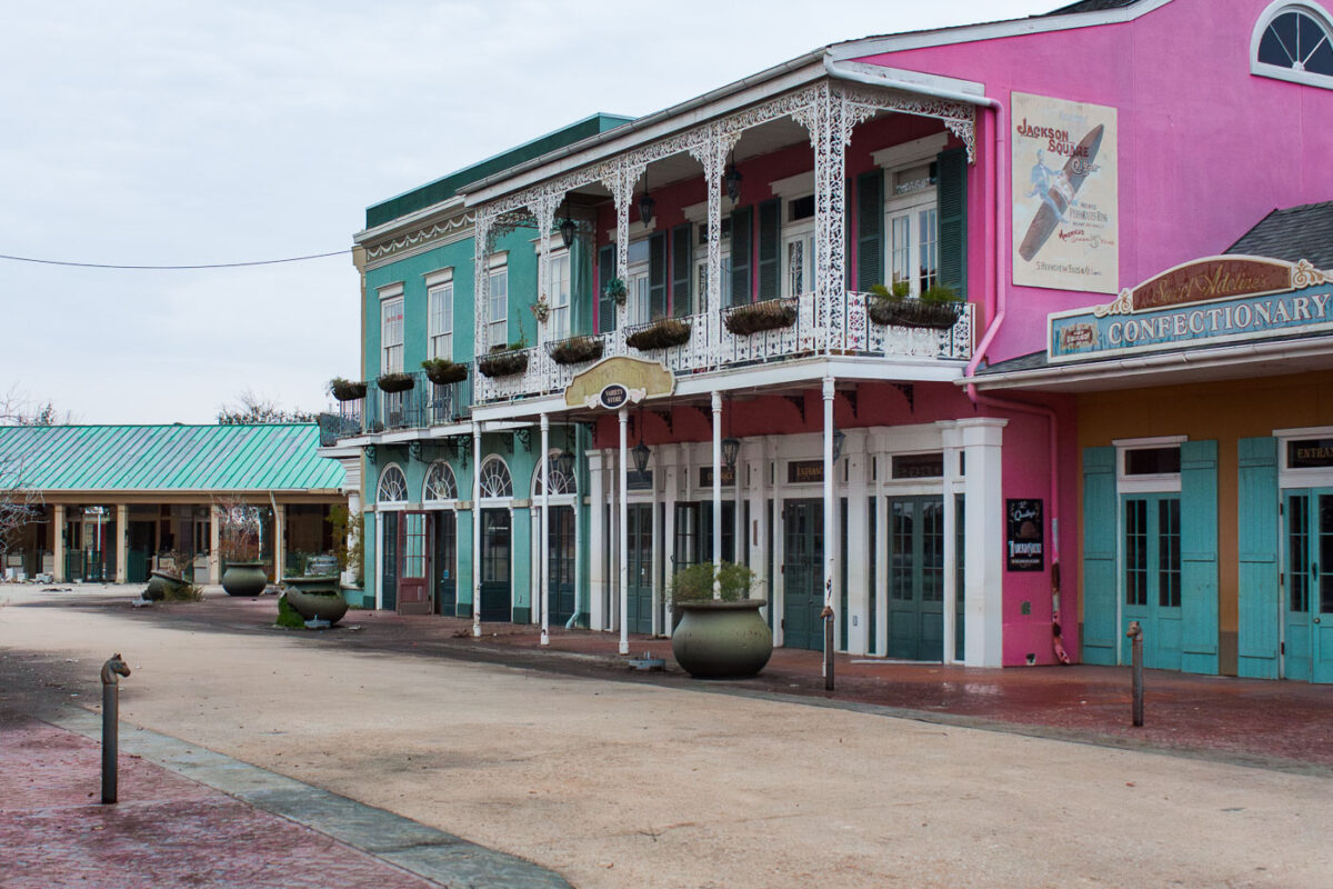 The disused Jackson Square Confectionary and Variety Store at Six Flags New Orleans, damaged by Hurricane Katrina, shows signs of decay and abandonment.