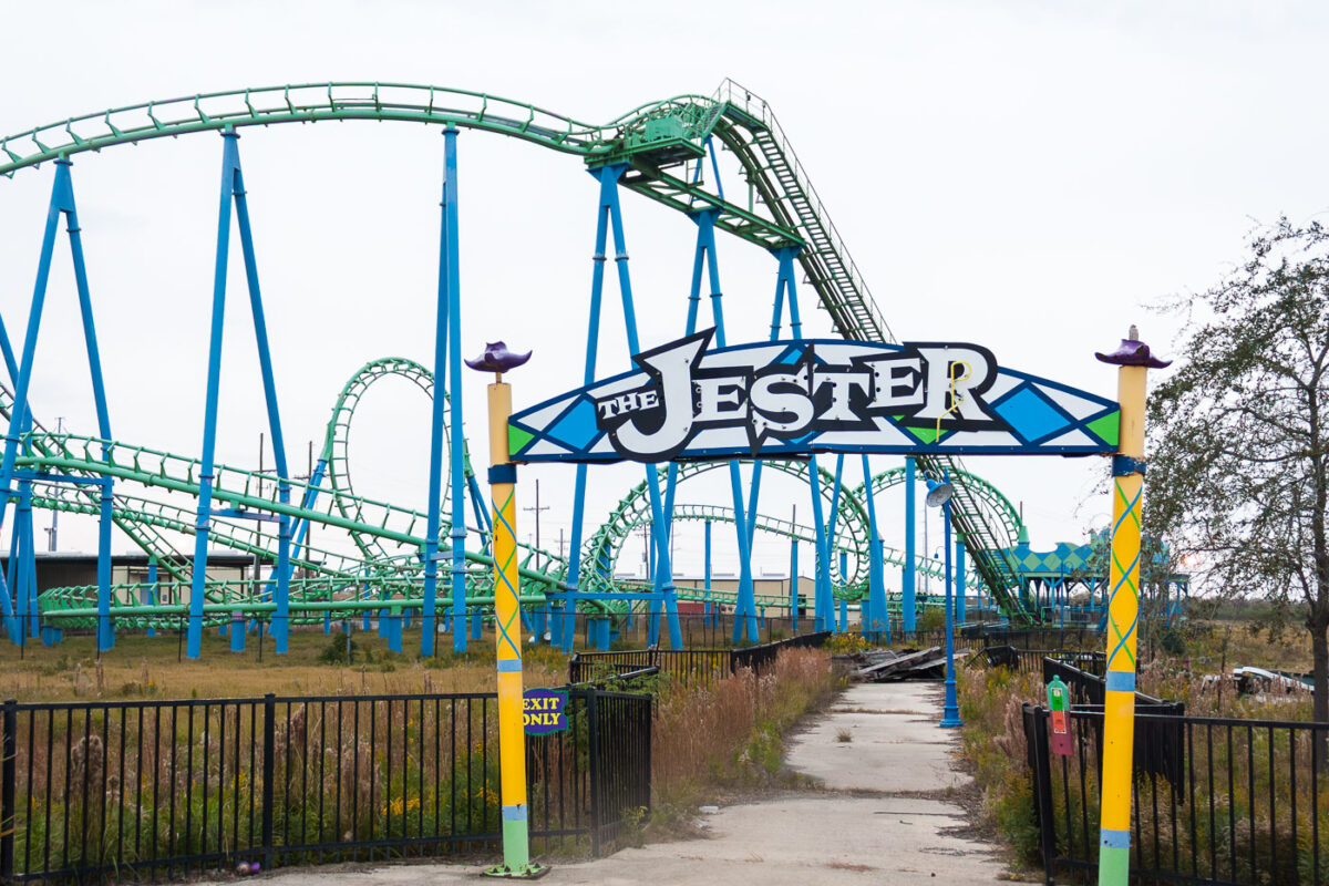 The Jester roller coaster at the abandoned Six Flags New Orleans theme park, closed since Hurricane Katrina in 2005.