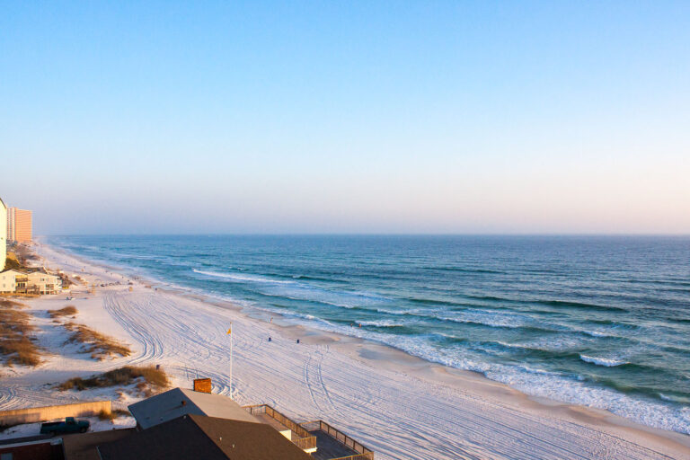 Gulf of Mexico Coastline, Panama City Beach, Florida 1 The Gulf of Mexico coastline at Panama City Beach, Florida, features white sand beaches and developed resort areas.
