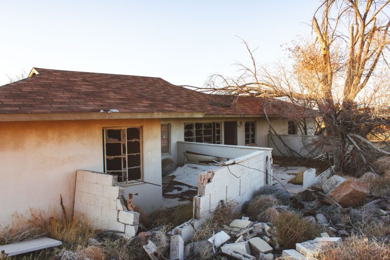Abandoned Housing, George Air Force Base, Victorville 3 Abandoned residential building at George Air Force Base in Victorville, California, with deteriorated concrete foundation and