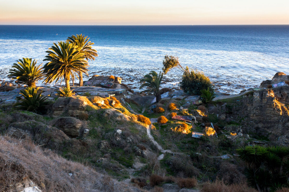 San Pedro Coastal Bluffs, California, featuring palm trees and graffiti-marked rocks overlooking the ocean at sunset. Evidence of informal use and debris is present on the geologically unstable terrain.