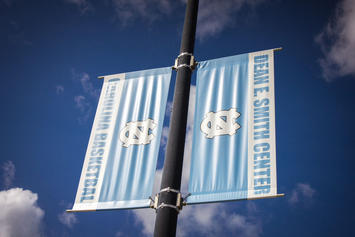Banners on street poles outside the Dean Smith Center in Chapel Hill, NC.