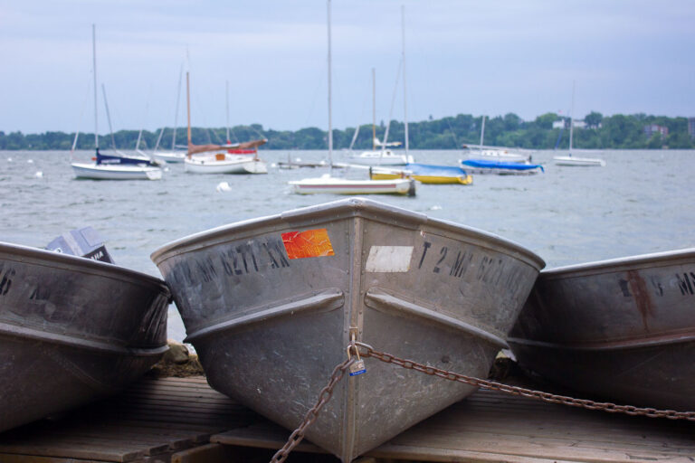 Boats locked up 1 Boats on Bde Maka Ska in Minneapolis.
