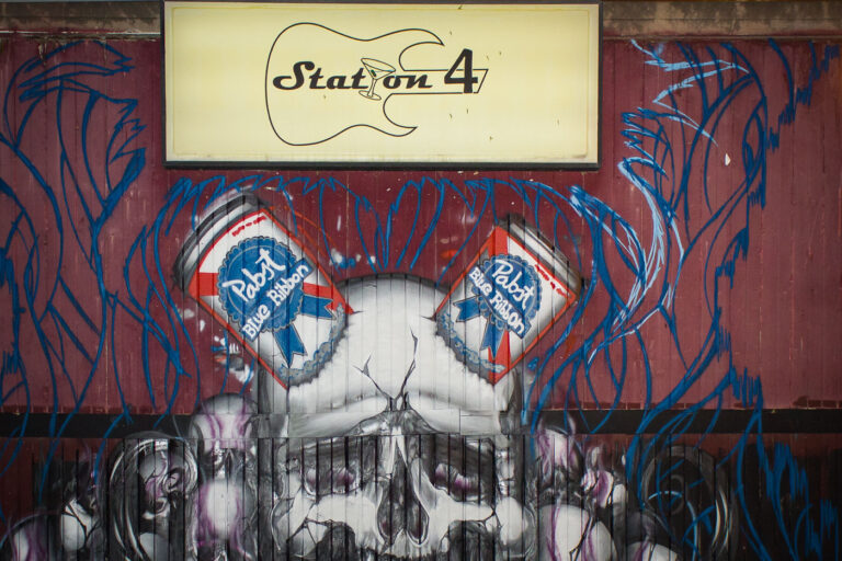 Station 4 Nightclub Pabst Mural, St. Paul 3 Station 4 nightclub exterior mural in St. Paul, Minnesota, features Pabst Blue Ribbon cans and a skull design.
