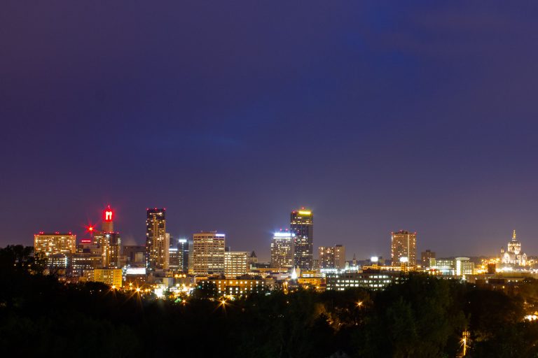 Downtown St. Paul Skyline at Night, September 2012 3 Downtown St. Paul, Minnesota skyline at night with the Cathedral of Saint Paul on the right.