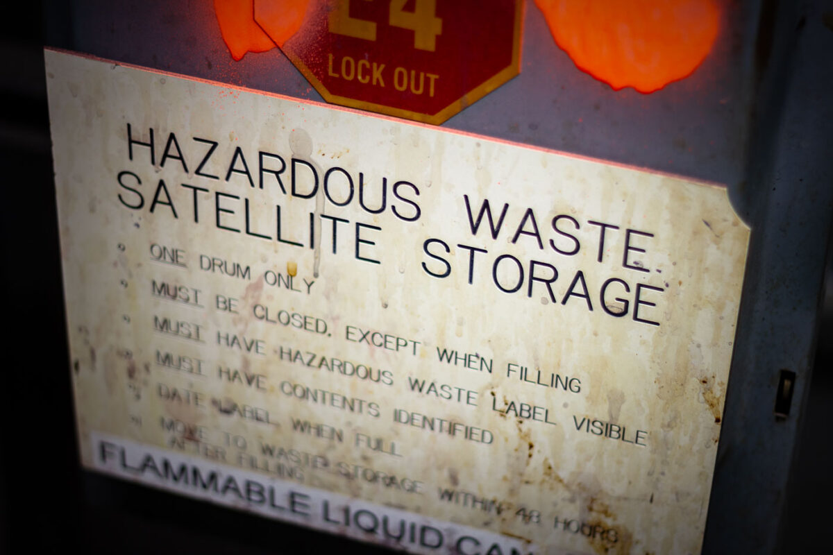 HAZARDOUS WASTE
SATELLITE STORAGE
	•	ONE drum only
	•	MUST be closed, except when filling
	•	MUST have hazardous waste label visible
	•	MUST have contents identified
	•	Date label when full
	•	Move to waste storage within 48 hours after filling

FLAMMABLE LIQUID CAN