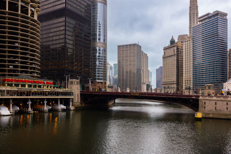 State Street Bridge and Marina Towers, Chicago 1 The State Street Bridge crosses the Chicago River, with the Marina City towers visible to the west in downtown Chicago.