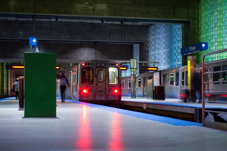 CTA Blue Line Train at O'Hare Station, Chicago 2 CTA Blue Line train at O'Hare station platform in Chicago.