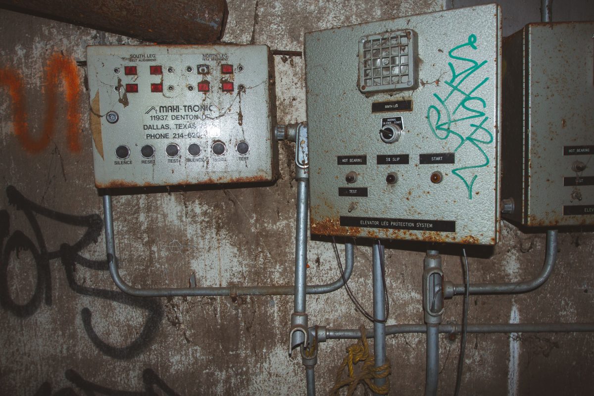 Rusted electrical control panels inside the abandoned Fruen Mill in Minneapolis.