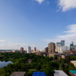 Downtown Minneapolis as seen from Loring Park in 2013. Loring Pond and the Basilica to the left.