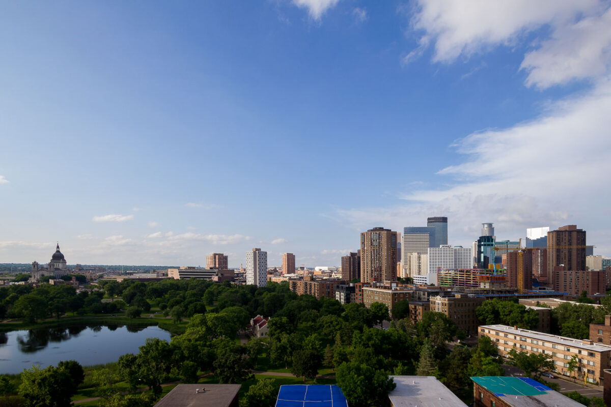 Downtown Minneapolis as seen from Loring Park in 2013. Loring Pond and the Basillica to the left.