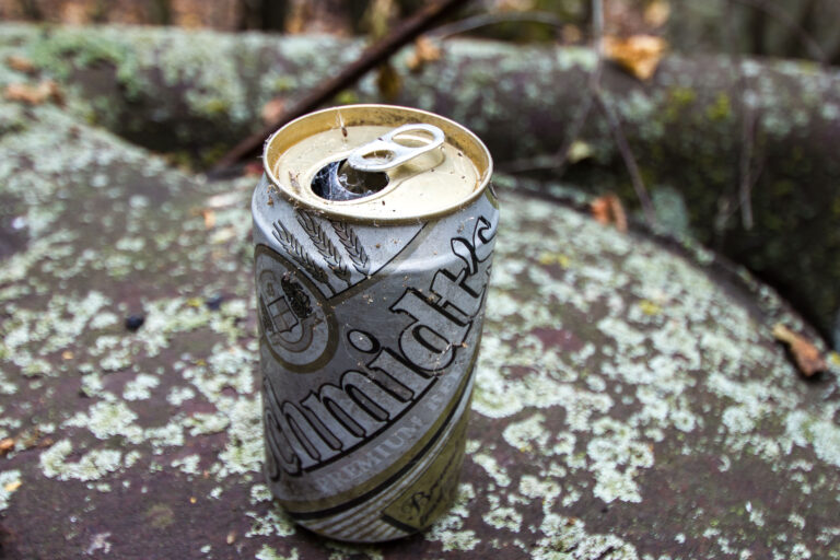 Schmidt's Beer Can on Mossy Rock, Eagle Island, Minnesota 4 A discarded Schmidt's Beer can rests on a mossy rock on Eagle Island, Minnesota, highlighting human impact on natural environments.