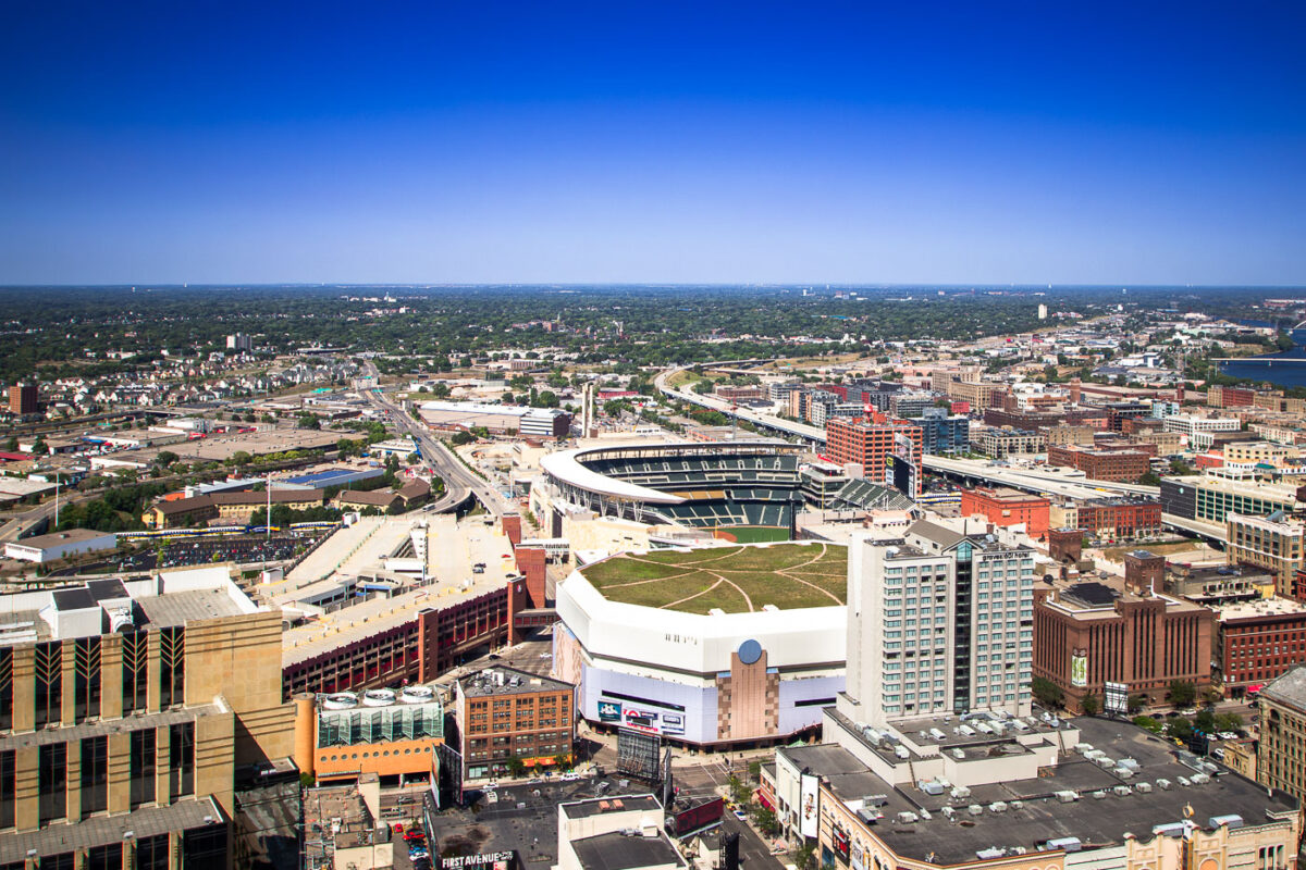 Target Field and Target Center in Downtown Minneapolis. Target Field is home to the Minnesota Twins and Target Center is home to the Minnesota Timberwolves.