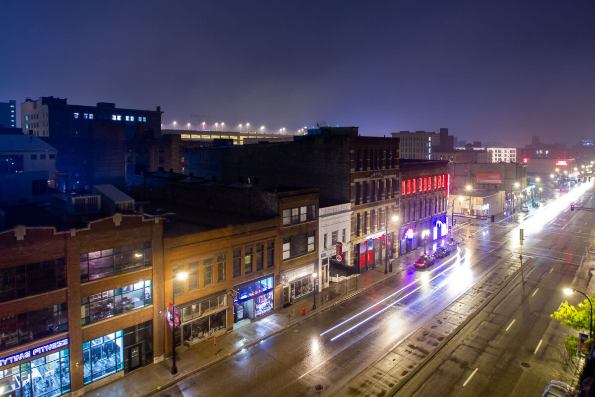 Looking down Washington Avenue in the North Loop in Downtown Minneapolis on a foggy night.