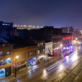 Looking down Washington Avenue in the North Loop in Downtown Minneapolis on a foggy night.