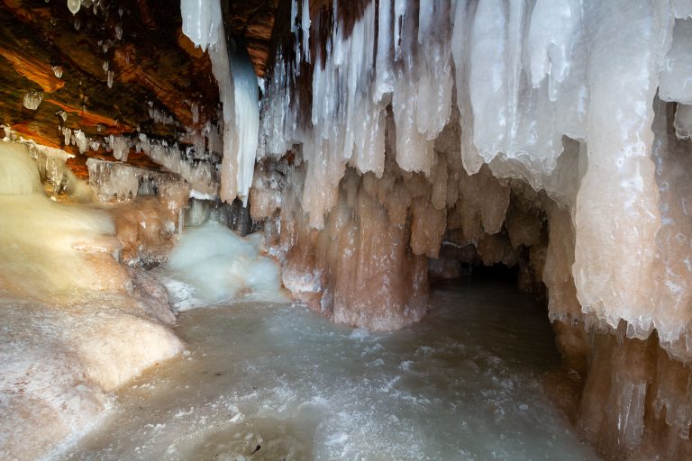 Icicle Formations, Mainland Sea Caves, Apostle Islands 2 Icicles and ice formations coat sandstone walls inside a frozen sea cave at Apostle Islands National Lakeshore.