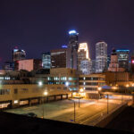 Looking down South 4th Street in downtown Minneapolis in April 2014. The Star Tribune buildings in the foreground were demolished to make way for the Downtown East development that came as part of the new US Bank Stadium (Minnesota Vikings).