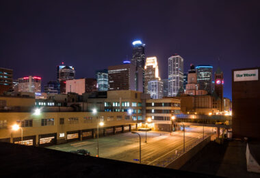 Looking down South 4th Street in downtown Minneapolis in April 2014. The Star Tribune buildings in the foreground were demolished to make way for the Downtown East development that came as part of the new US Bank Stadium (Minnesota Vikings).