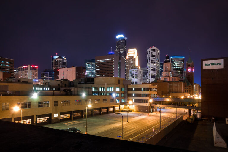 Star Tribune buildings in Downtown Minneapolis 1 Looking down South 4th Street in downtown Minneapolis in April 2014. The Star Tribune buildings in the foreground were demolished to make way for the Downtown East development that came as part of the new US Bank Stadium (Minnesota Vikings).