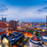 Downtown Minneapolis with the Millennium Hotel dome in the bottom right.