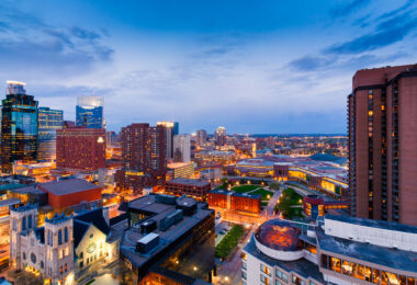 Downtown Minneapolis with the Millennium Hotel dome in the bottom right.
