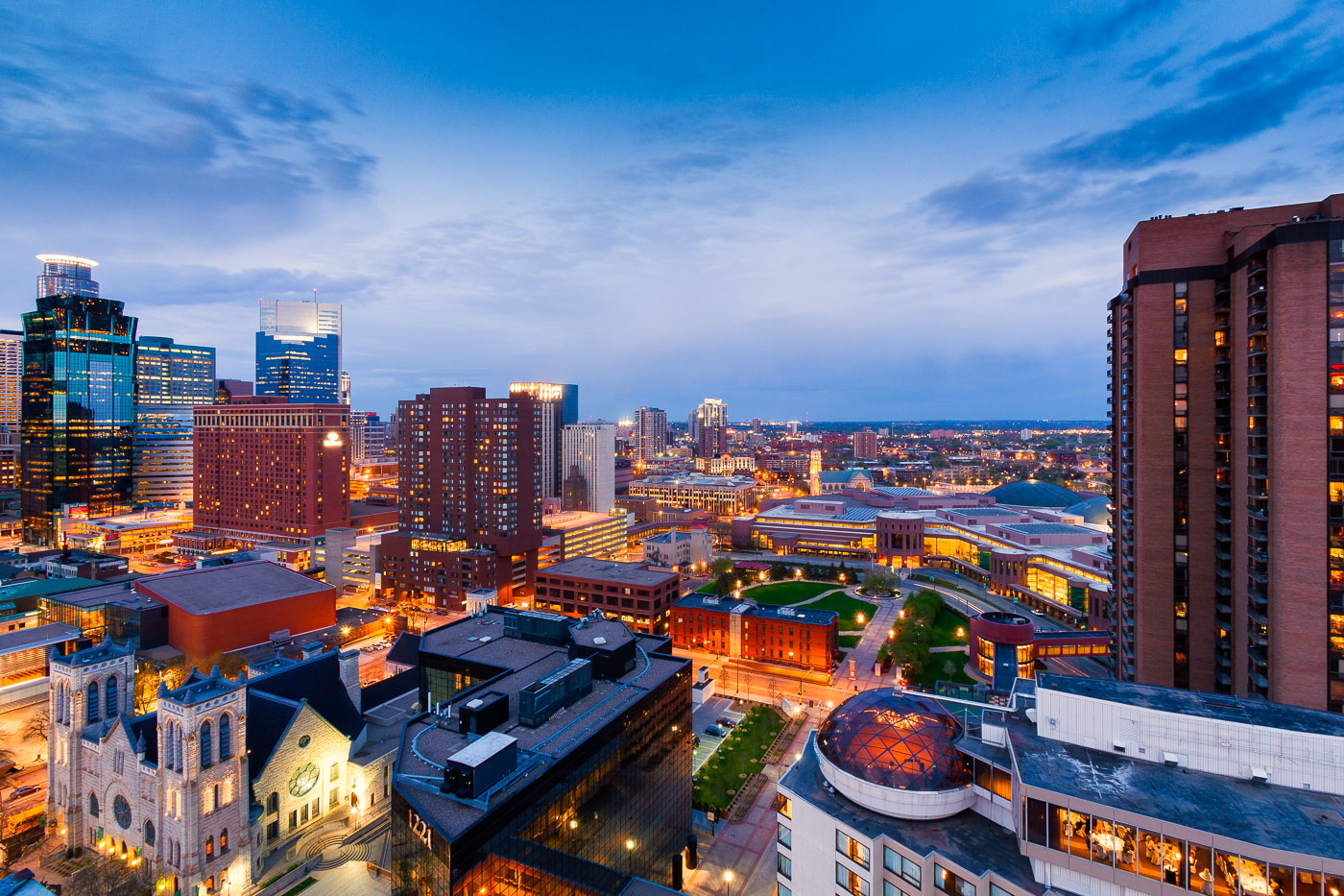 Colorful Downtown Minneapolis skyline at night