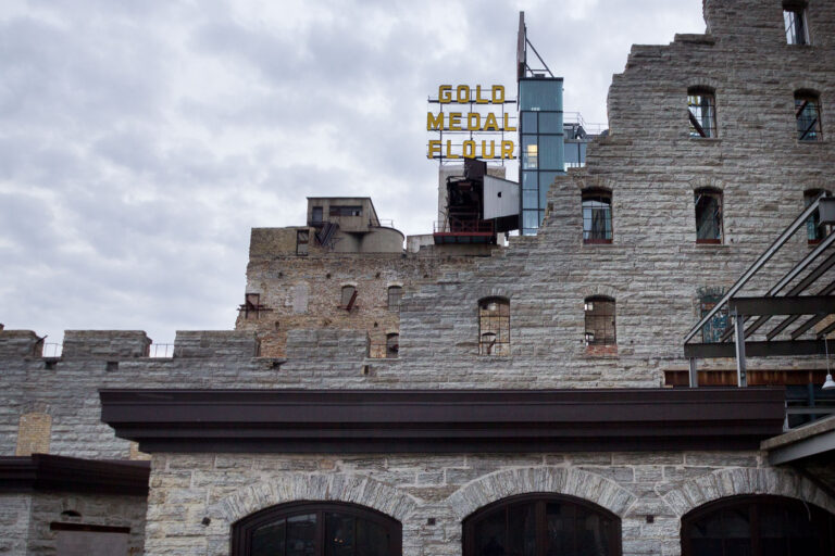 Gold Medal Flour Sign on Washburn Mill, Minneapolis 1 The Gold Medal Flour sign is displayed on the historic Washburn Mill in Minneapolis, once the world's largest flour mill, now part of the Mill City Museum.