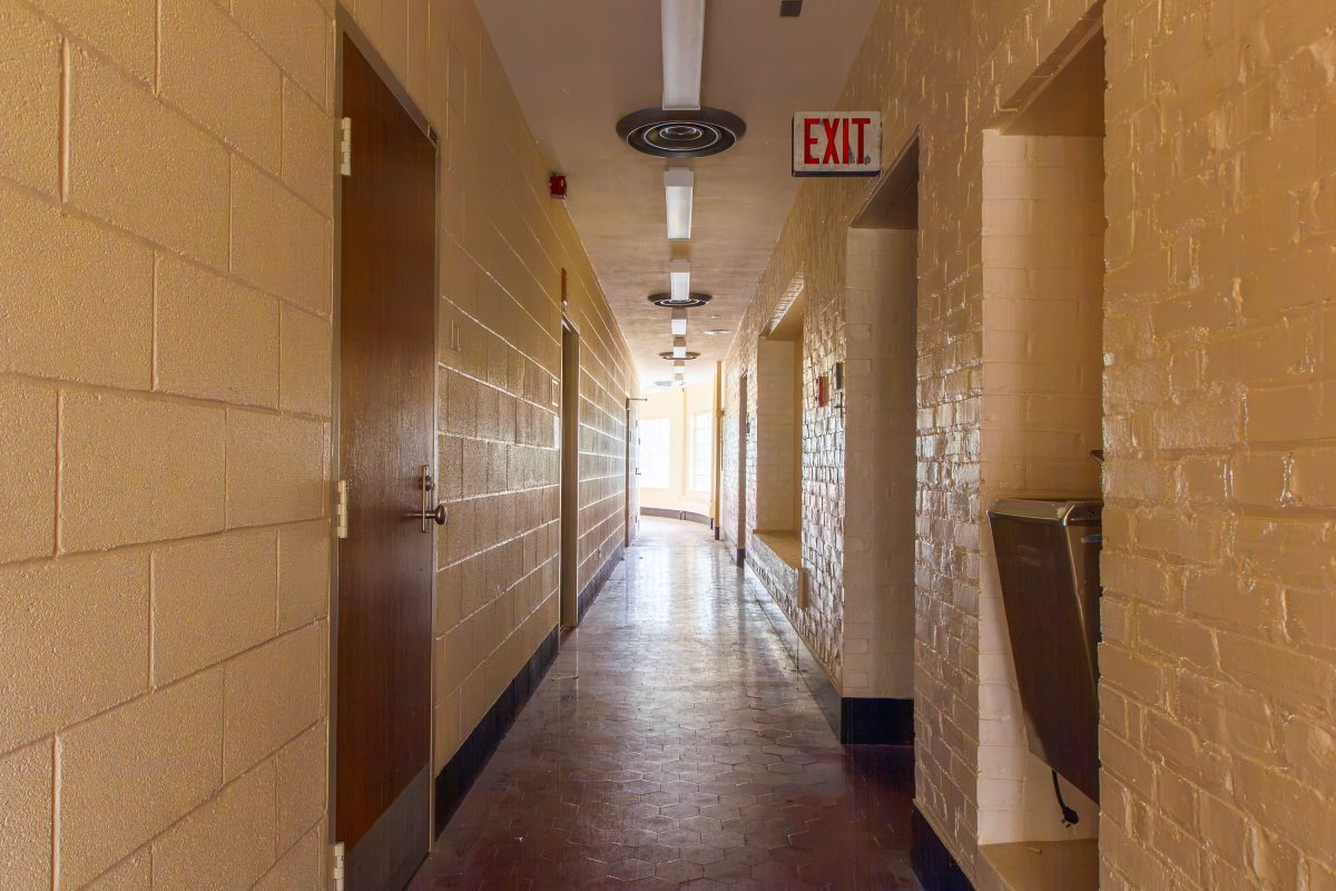 Ceramic-Tile Corridor with Exit Sign, Fergus Falls Kirkbride Building, Minnesota