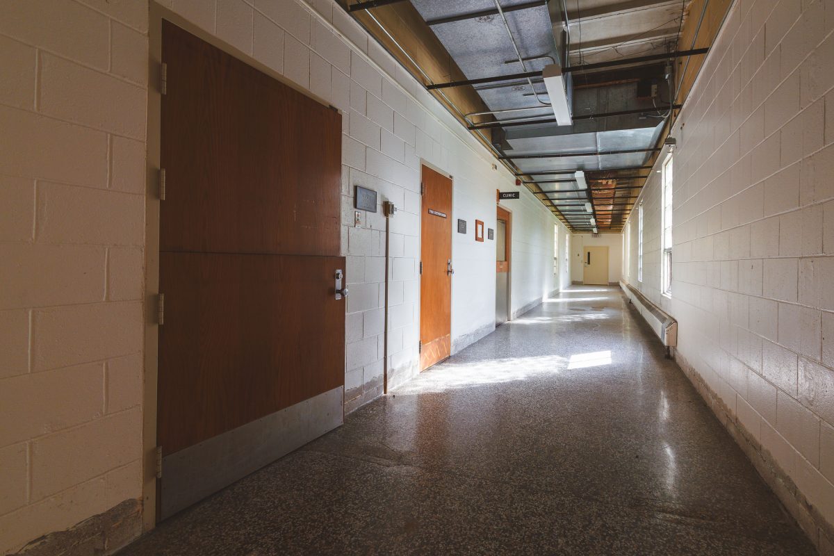 Clinic corridor with exposed ductwork, Fergus Falls Kirkbride Building