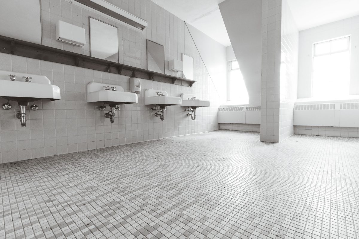 Communal Bathroom with Wall-Mounted Sinks, Fergus Falls Kirkbride Building