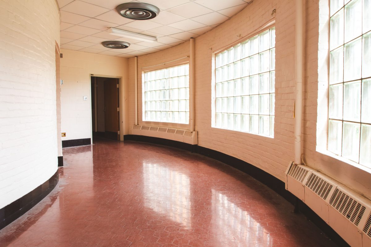 Curved corridor with glass block windows, Fergus Falls Kirkbride Building