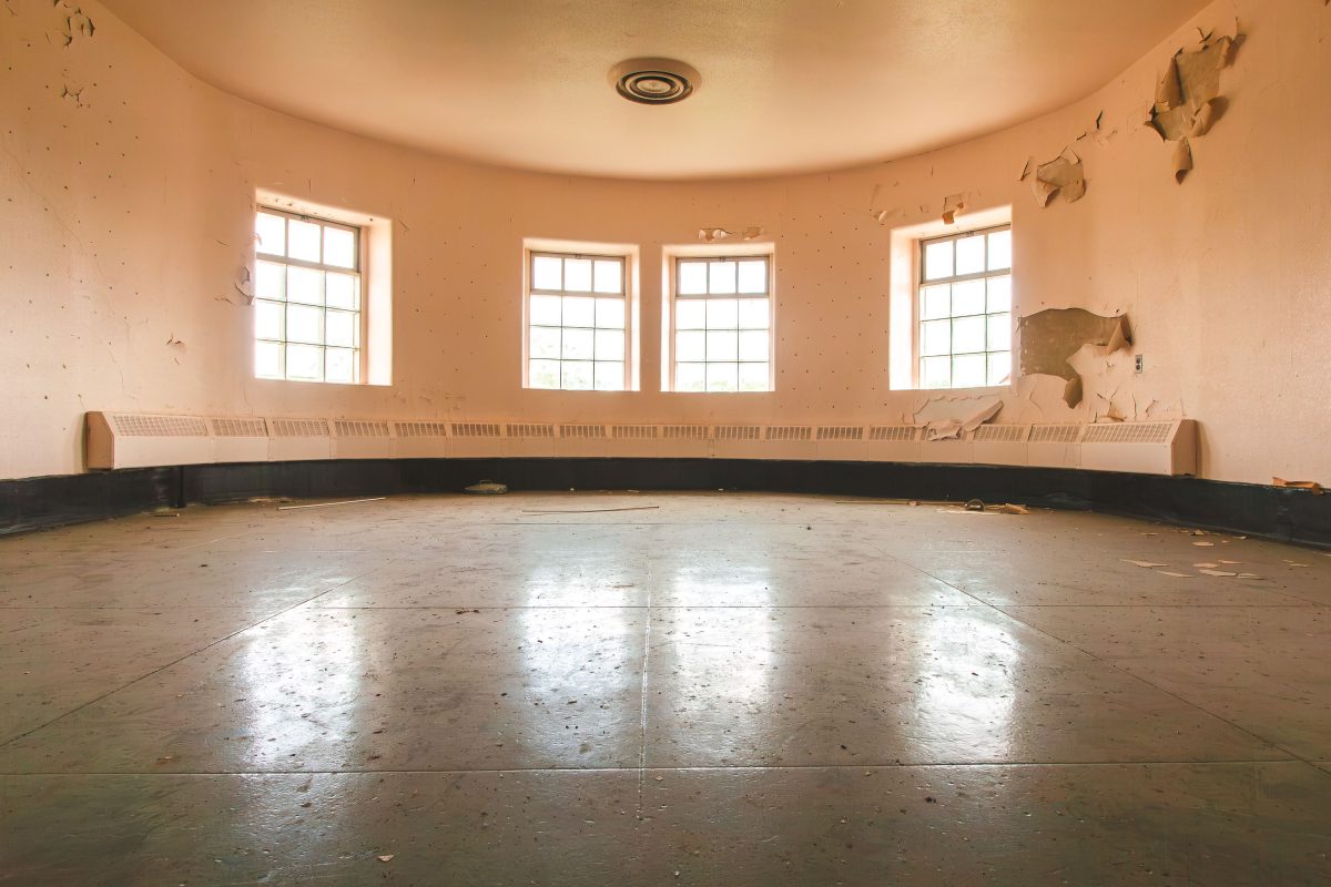 Curved dayroom with baseboard heaters, Fergus Falls Kirkbride Building