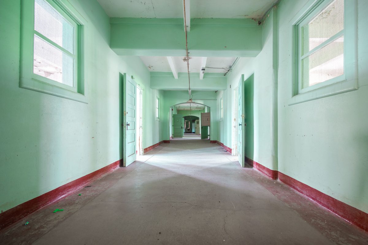 Mint-green ward corridor, Fergus Falls Kirkbride Building