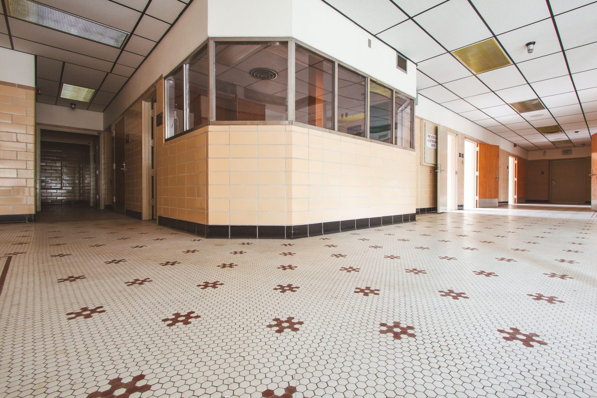 Nurses’ station and hex-tile corridor, Fergus Falls Kirkbride Building