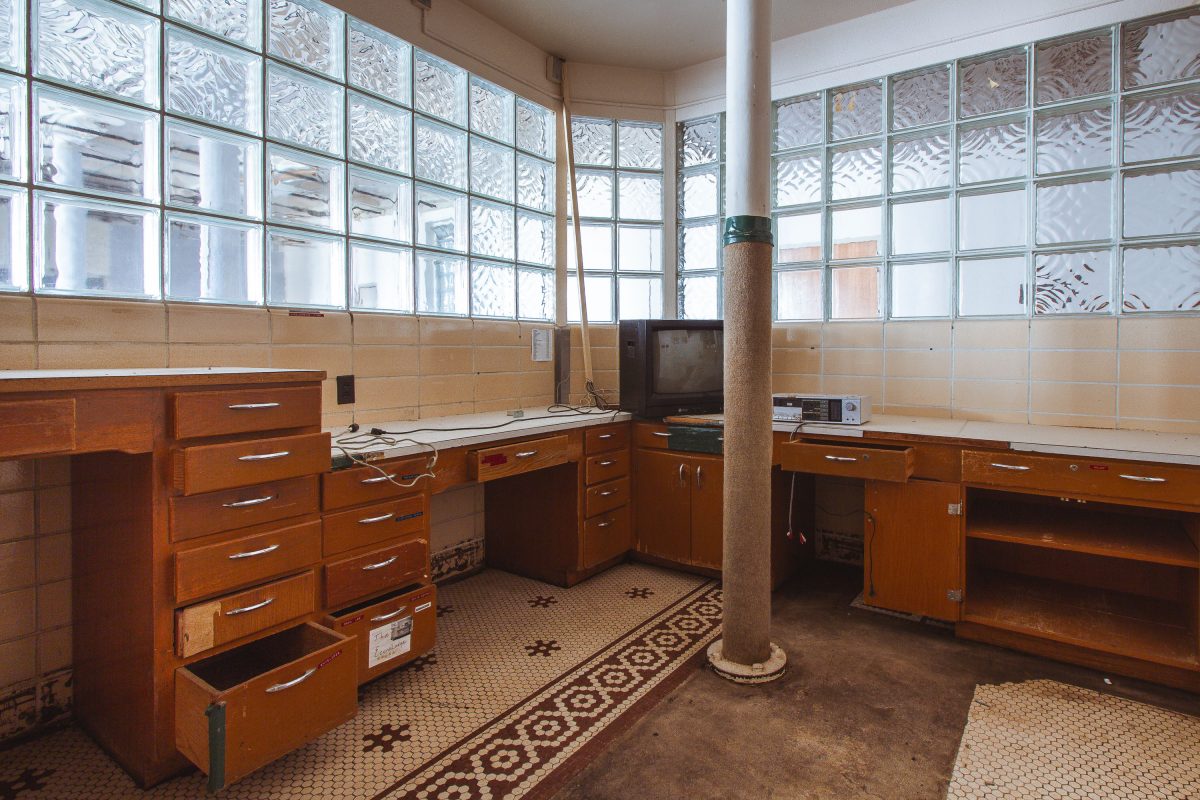 Nurses’ station with built-in cabinetry, Fergus Falls Kirkbride Building