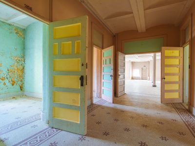 Room 306 doorway with hexagonal tile floor, Fergus Falls Kirkbride Building